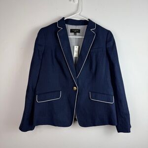 Talbots Petites Navy Blue 100% Linen Blazer White Trim Size 8P Academia